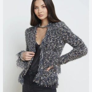 L'Agence Grey Azure Tweed Fuzzy Cardigan Blazer